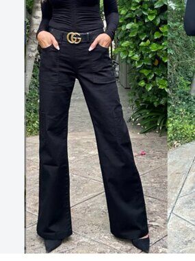 Bevy Flog Rose Cargo Pants in Black Denim 26 jeans wide leg